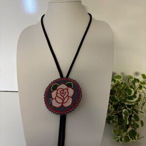 Handmade Beaded Rose Pendant Bolo Tie Black Cord Tassels Necklace Western Boho